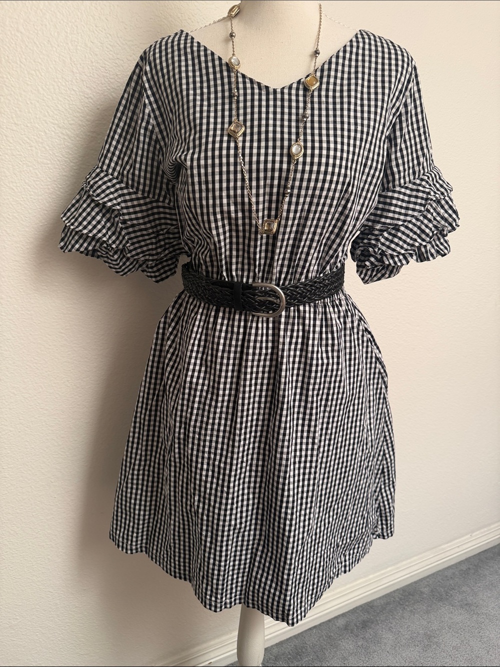 Black & White Korean Style Gingham Short Sleeve Dress